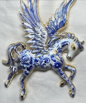Flying Pegasus Unicorn Brooch Pin Blue White Floral Porcelain Style Gold NEW